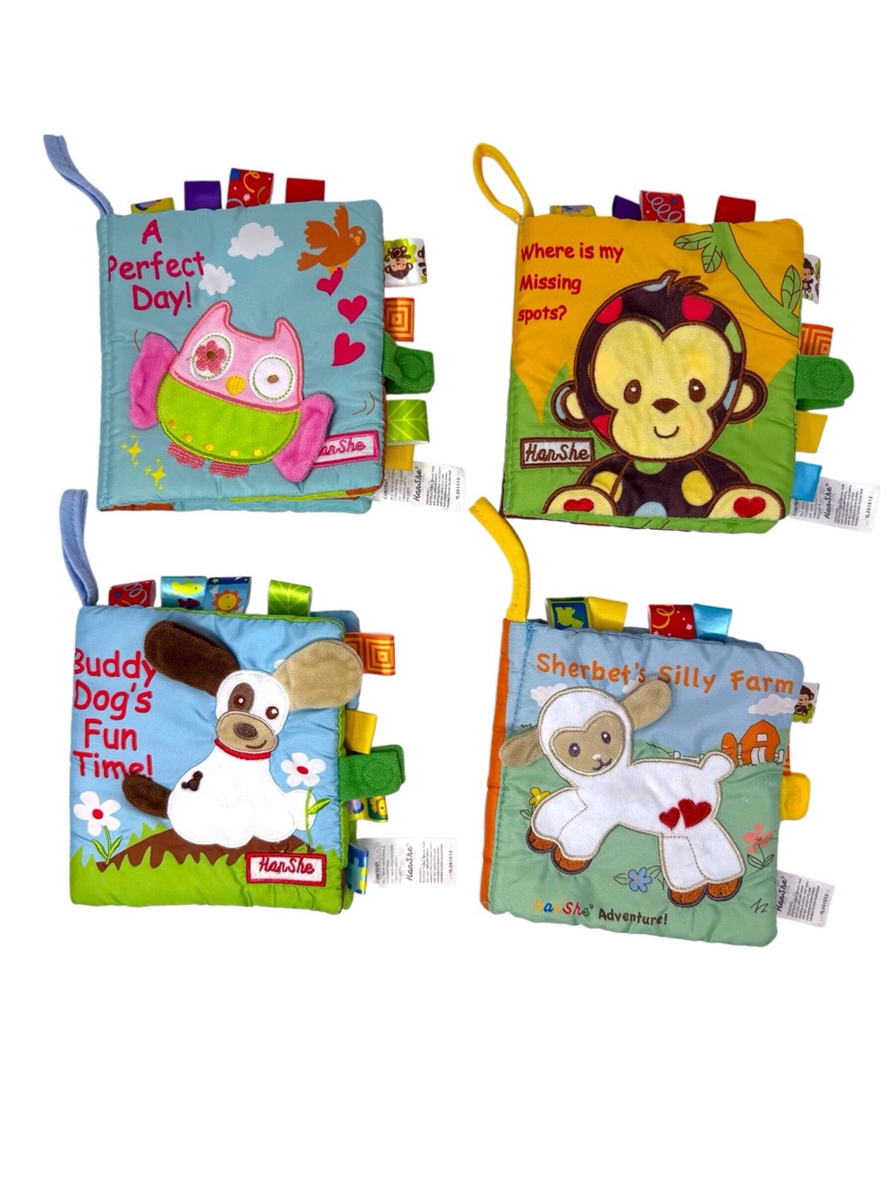 Lot Of 4 Han She Crinkle Soft Sensory Cloth Washable Baby Books